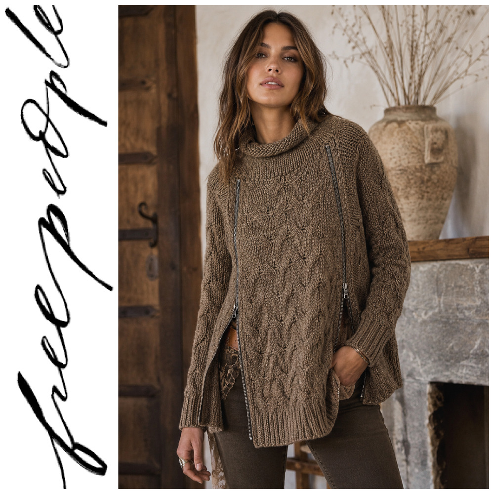 Free People Following Directions Sz M Brown Cable Knit Alpaca Wool 2 Zip Sweater